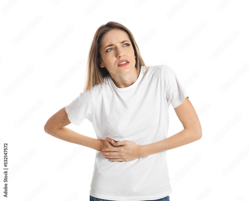 Young woman suffering from liver pain on white background Young woman suffering from liver pain on white background