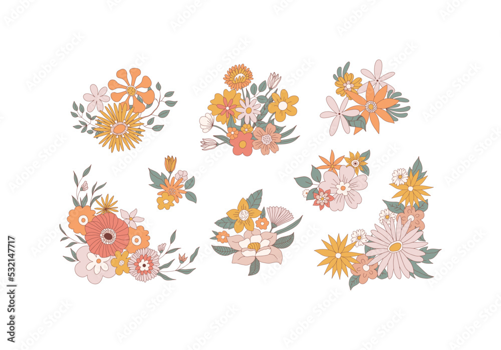 Flower collection with leaves, floral bouquets, flower compositions. Retro clip art with botanical elements. Vintage botany in hand drawn style. Flat vector illustration isolated on white background. Flower collection with leaves, floral bouquets, flower compositions. Retro clip art with botanical elements. Vintage botany in hand drawn style. Flat vector illustration isolated on white background.