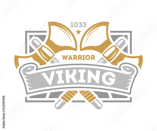 Viking warrior vintage isolated label with poleaxe. Scandinavian viking badge, medieval barbarian emblem, nordic culture vector illustration.