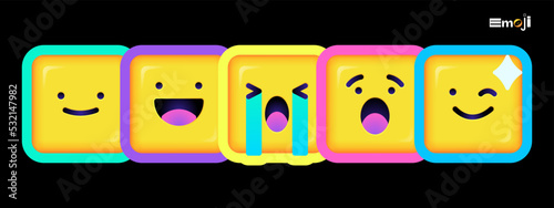 Square Emoticons set. Yellow Emoji faces emoticon smile  digital smiley expression emotion feelings  chat cartoon emotes. Vector illustration icons