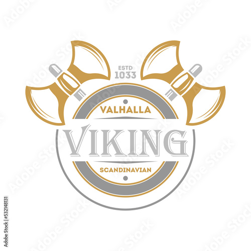 Viking vintage isolated label with warrior ax. Scandinavian viking badge, medieval barbarian emblem, nordic culture vector illustration.