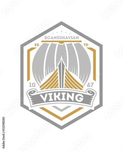 Viking vintage isolated label with sailboat. Scandinavian viking badge, medieval barbarian emblem, nordic culture vector illustration.