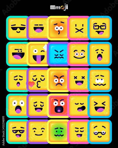 Square Emoticons set. Yellow Emoji faces emoticon smile  digital smiley expression emotion feelings  chat cartoon emotes. Vector illustration icons