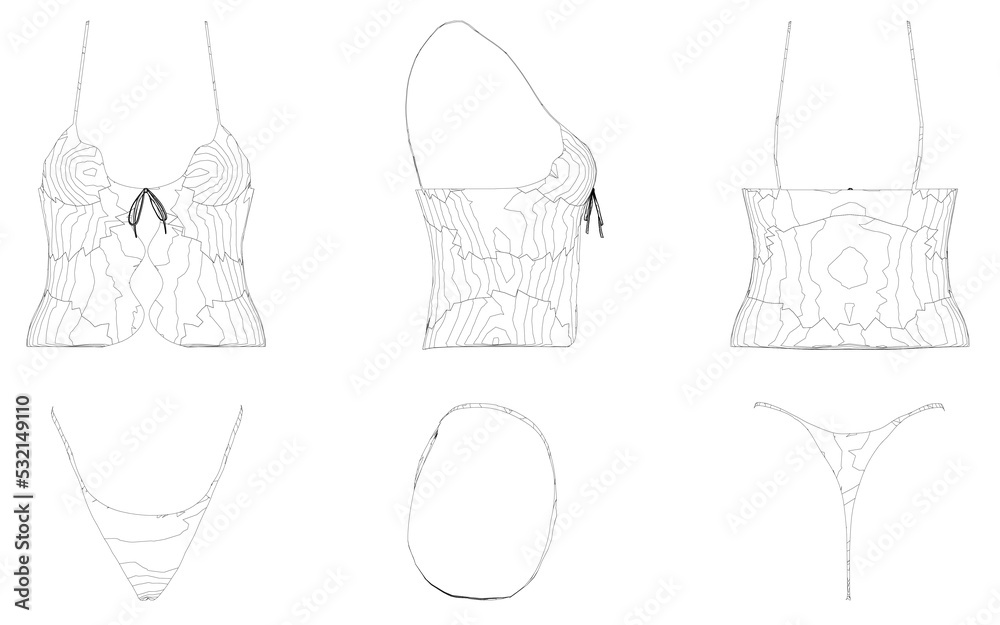 Set with contours of sexy women underwear from black lines isolated on white background. Front, side, back view. Vector illustration. Set with contours of sexy women underwear from black lines isolated on white background. Front, side, back view. Vector illustration.