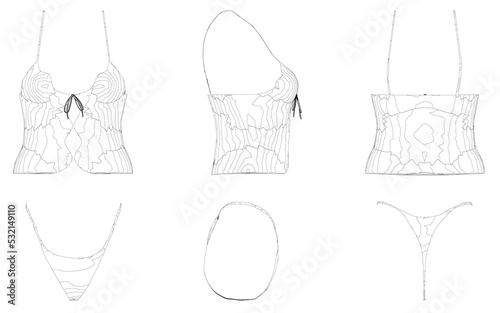 Set with contours of sexy women underwear from black lines isolated on white background. Front, side, back view. Vector illustration.