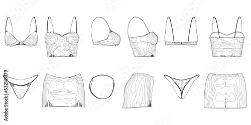 Set with a contour of women's clothing from black lines isolated on a white background. Front, side, back view. Women's panties, bra, skirt and top. 3D. Vector illustration.