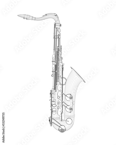 Saxophone outline from black lines isolated on white background. Side view. 3D. Vector illustration.