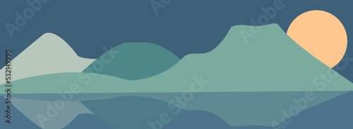 Poster template with tranquil wild mountain scenery landscape with clear water and setting sun. vector illustration.