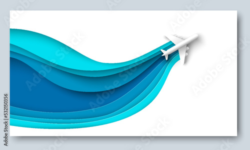 Paper cut airplane in sky vector travel banner