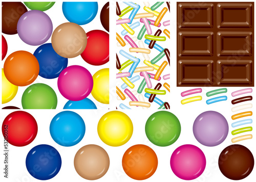 カラフルでポップなチョコレートのパーツとシームレスなパターン