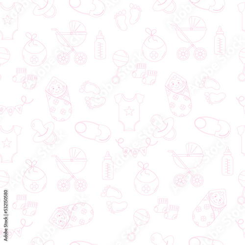 Seamless outline pattern for baby girl. Baby showers.