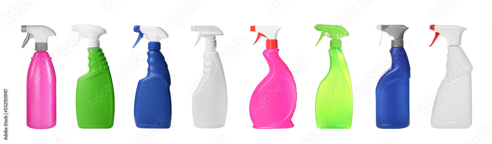 Set with bottles of different cleaning products on white background, banner design. Household chemicals Set with bottles of different cleaning products on white background, banner design. Household chemicals