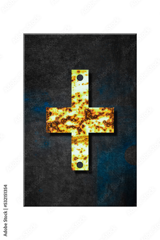 Fototapeta premium Sign. Plus. Alphabet from letters, from rusty iron, on a wooden plank. Isolated on white background. Education. Design