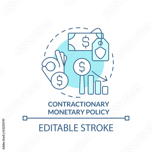 Contractionary monetary policy turquoise concept icon. Government and inflation abstract idea thin line illustration. Isolated outline drawing. Editable stroke. Arial, Myriad Pro-Bold fonts used