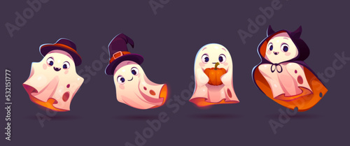 Cute ghosts, Halloween characters in witch hat and cloak isolated on background. Flying funny white spirit, smiling phantom with pumpkin, vector cartoon set