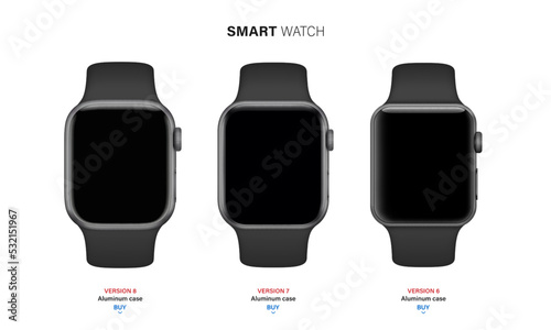 smart watch set in an aluminum case with silicone band isolated on white background. front view gray wrist clock with touch screen and sports strap. vector illustration