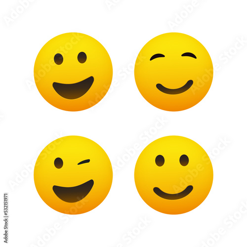Set of Smiling and Winking Emoticons - Simple Shiny Happy Emoji Clip-Art, Isolated on White - Vector Design