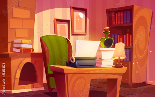 Writer cabinet with typewriter, bourbon bottle, stack of paper and lamp on wooden desk with comfortable vintage armchair. Room with author items, fireplace and bookcase Cartoon vector illustration.