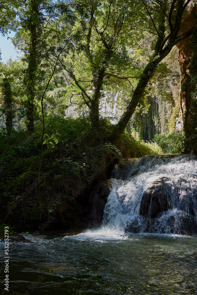 Zaragoza (Spain, September 11, 2022). Waterfall in the Parque del Monasterio de Piedra. It is a place of great scenic beauty, with many waterfalls Zaragoza (Spain, September 11, 2022). Waterfall in the Parque del Monasterio de Piedra. It is a place of great scenic beauty, with many waterfalls
