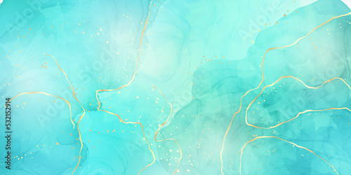 Royal cyan mint liquid marble watercolor background with gold lines and brush stains. Teal turquoise marbled alcohol ink drawing effect. Vector illustration backdrop, watercolour wedding invitation