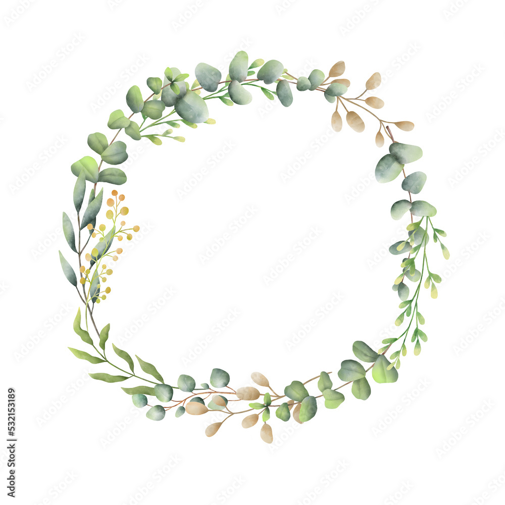 Fototapeta premium Watercolor Eucaliptus wreath drawing. Hand drawn frame with eucalyptus leaves isolated on white background.