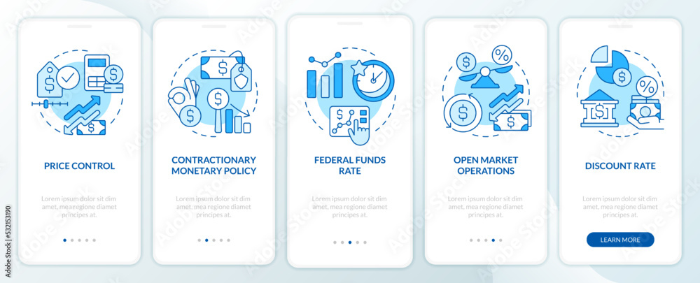 Government deals with inflation blue onboarding mobile app screen. Walkthrough 5 steps editable graphic instructions with linear concepts. UI, UX, GUI template. Myriad Pro-Bold, Regular fonts used