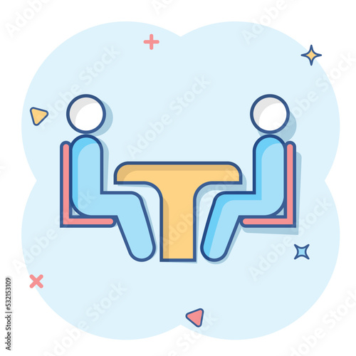 Business consulting icon in comic style. Two people with table vector cartoon illustration on white isolated background. Restaurant dialog business concept splash effect.