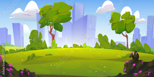 City park landscape, summer or spring time scenery background with cityscape view. Empty public place for walking and recreation with green trees and lawn. Urban garden Cartoon vector illustration photo