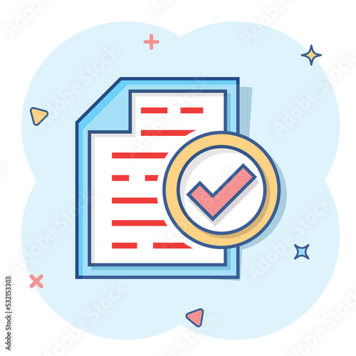 Compliance document icon in comic style. Approved process vector cartoon illustration on white isolated background. Checkmark business concept splash effect.