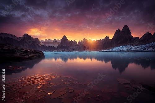 beautiful landscape of glacial mountains lakes, forests and flowers with rocks