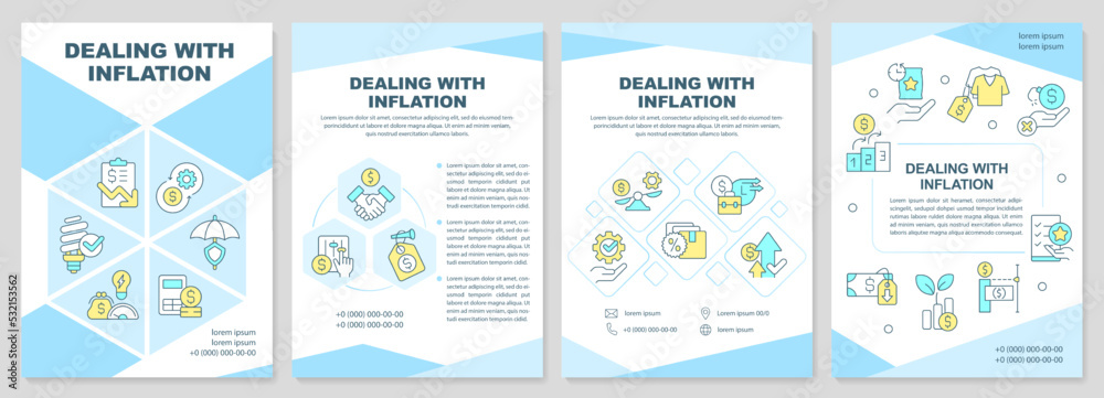 Dealing with inflation turquoise brochure template. Leaflet design with linear icons. Editable 4 vector layouts for presentation, annual reports. Arial-Black, Myriad Pro-Regular fonts used