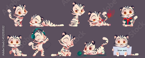 White baby tiger, cartoon cute albino animal cub character. Kawaii mascot playing, smile, sad, holding gift and banner, love, dance. Funny kitten with black striped skin jungle cat isolated vector set