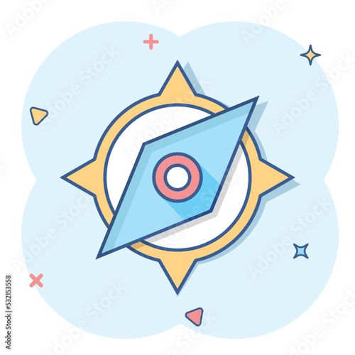 Global navigation icon in comic style. Compass gps vector cartoon illustration on white isolated background. Location discovery business concept splash effect.