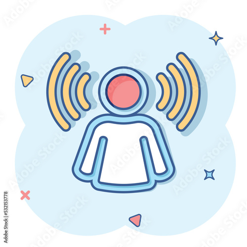 Mind awareness icon in comic style. Idea human vector cartoon illustration on white isolated background. Customer brain business concept splash effect.