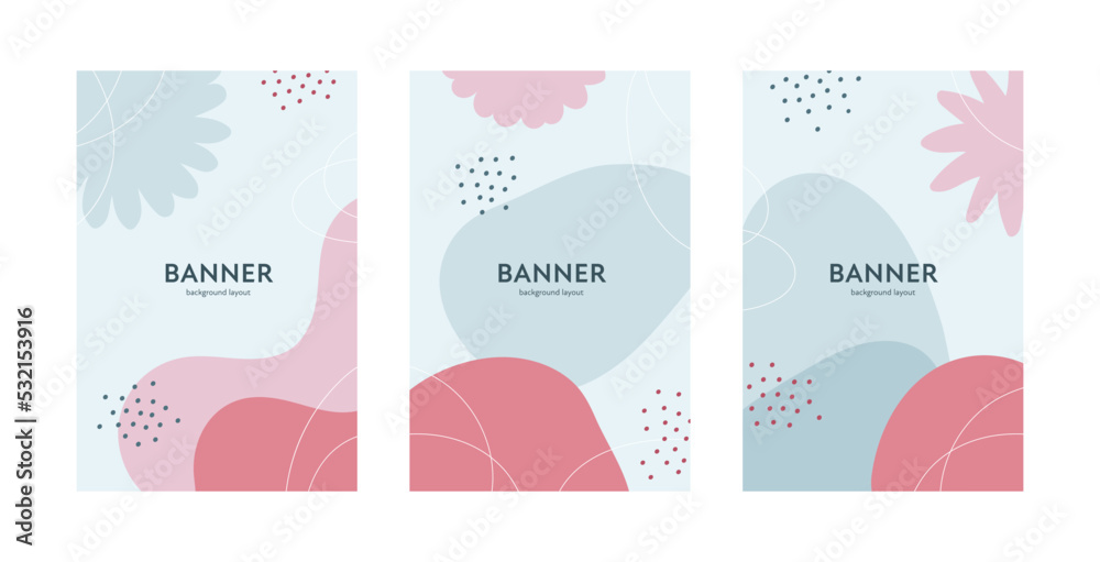 Abstract banner template set. Vector colorful trendy vertical design illustration. White and pink frame with geometric shape collection with nature background for sale promotion offer, invitation card