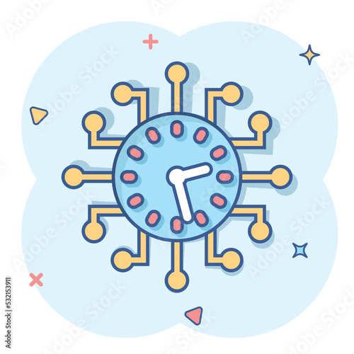 Real time icon in comic style. Clock vector cartoon illustration on white isolated background. Watch business concept splash effect.