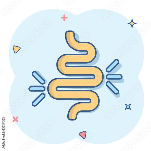 Gut constipation icon in comic style. Colitis vector cartoon illustration on white isolated background. Stomach business concept splash effect.