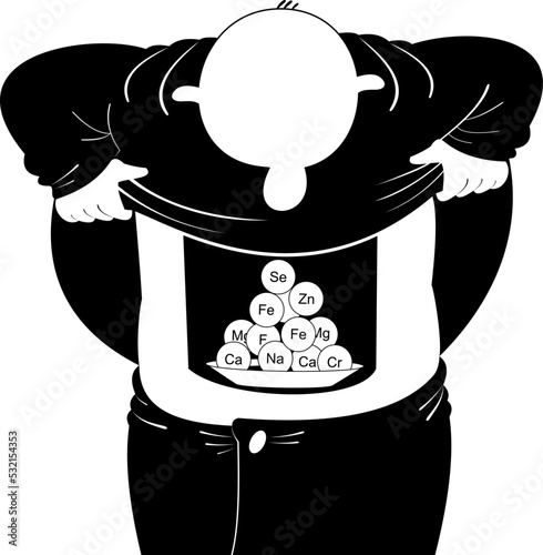 Healthy lifestyle concept. Dietary supplements. Variety pills.
Funny man looks inside his stomach full of vitamin. Black on white illustration
