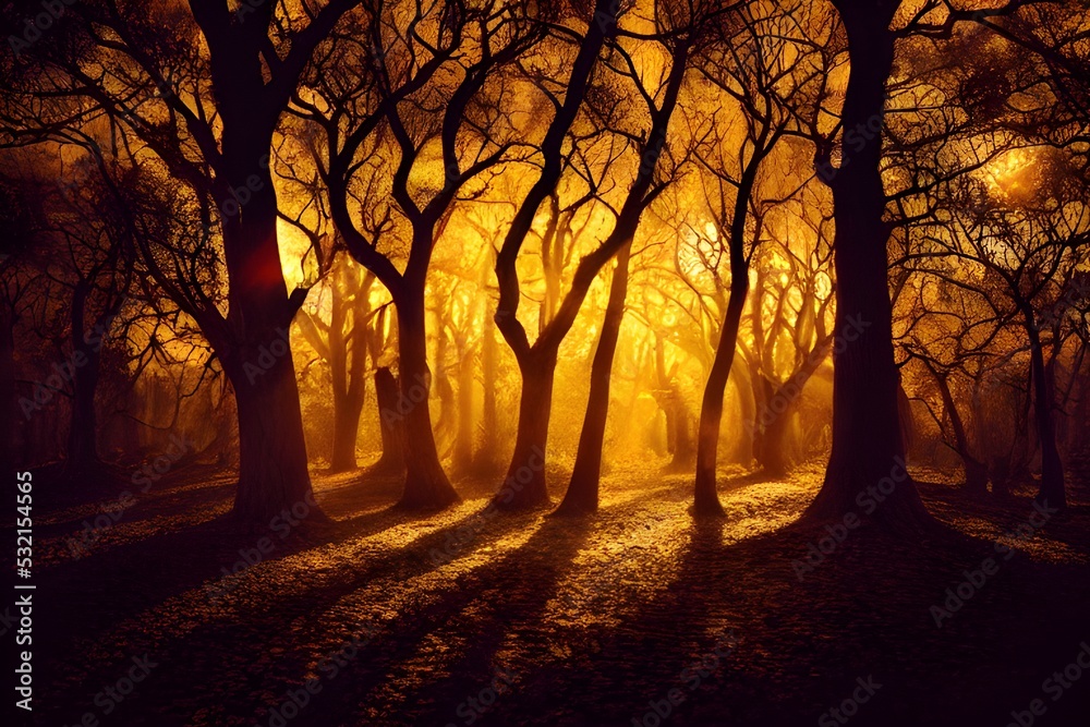Fototapeta premium Sunlight in an autumn forest. 