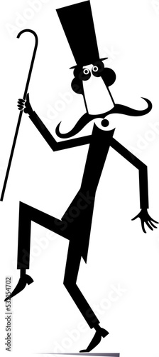 Walking mustache man in the top hat isolated illustration. Cheerfulness long mustache man in the top hat walking with a cane. Black on white illustration
