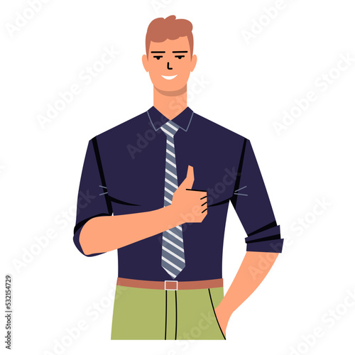 Young businessman in shirt and tie showing thumb up. A nod of approval, cool, Okay. Man isolated on white background. Office worker, manager, teacher is smiling. Flat style, vector.