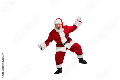 Portrait of senior man in image of Santa Claus emotivelly posing isolated over white background