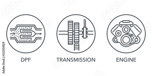 Car service icons set - DPF, transmission, engine photo