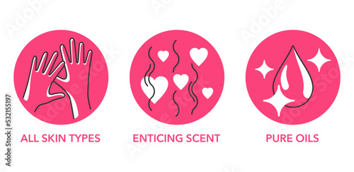 Massage oil properties pink icons set