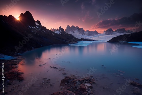 beautiful landscape of glacial mountains lakes, forests and flowers with rocks