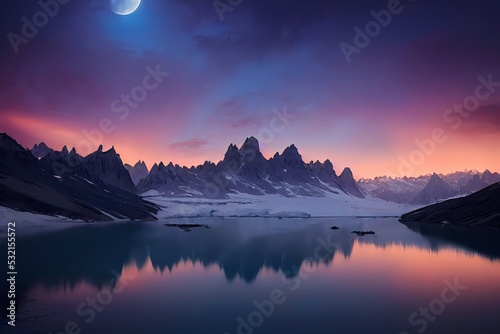 beautiful landscape of glacial mountains lakes, forests and flowers with rocks