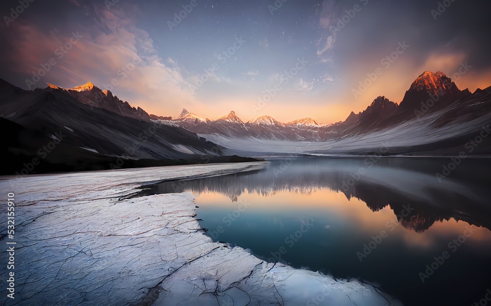 Fototapeta premium beautiful landscape of glacial mountains lakes, forests and flowers with rocks