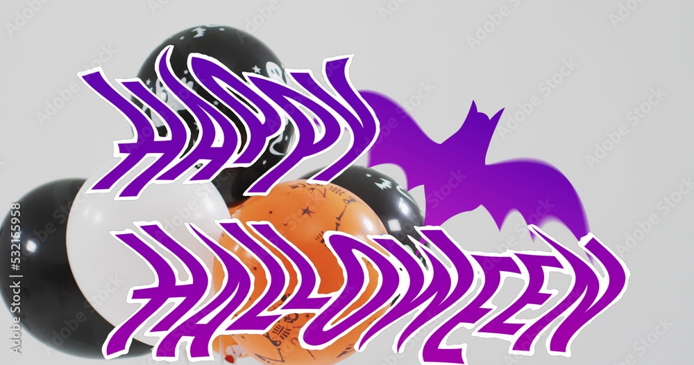 Image of halloween text over balloons and bat on grey background