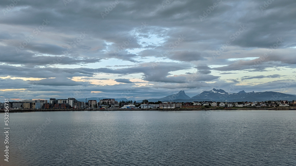 The Norwegian Town of Bodø seen from the sea, at night