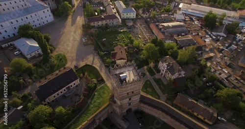 Aerial view sunset. Prince Lubart stone castle, landmark of Lutsk city, Ukraine. photo